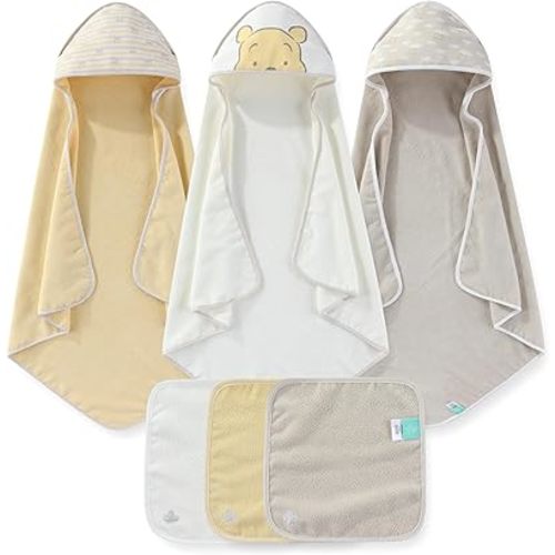 Disney Baby Winnie the Pooh Unisex Hooded Baby-Bath Towel with Washcloths 6 Piece Set for Newborn and Infants