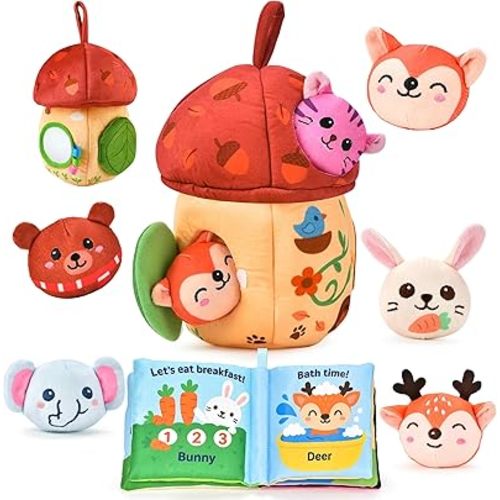 Montessori Toys for 1 Year Old & 6–12 Months Babies, Sensory Developmental Playset with Acorn House, Plush Animals & Cloth Book, Valentines Day Gifts, Easter Basket Stuffers