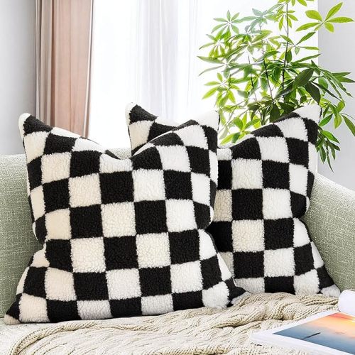AmHoo Pack of 2 Decorative Throw Pillow Covers Checkerboard Luxury Super Soft Faux Fur Wool Set Case Cushion for Couch Sofa Bedroom 18 x 18-Inch Black