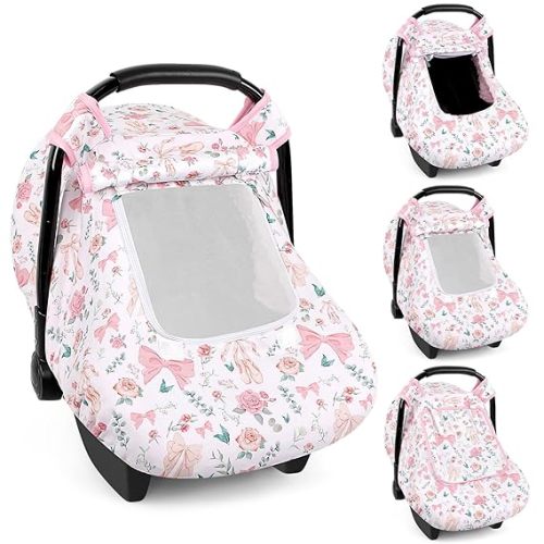 Baby Car Seat Cover Winter, Windproof Carseat Covers for Newborn with 2 Layers Window, Pink Flowers Infant Car Seat Canopy for Girls with Minky Dot Backing, Keeps Babies Warm and Cozy