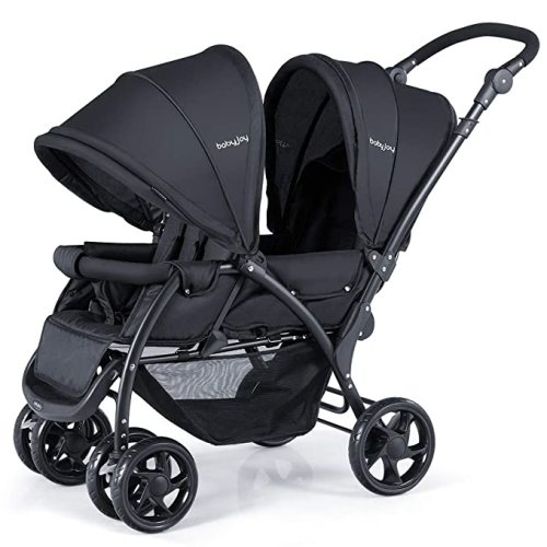 BABY JOY Double Stroller, Foldable Lightweight Twin Stroller with Tandem Seating, Adjustable Backrest/Canopy/Footrest, 5-Point Harness, Storage Basket, Newborn and Toddler (Black)