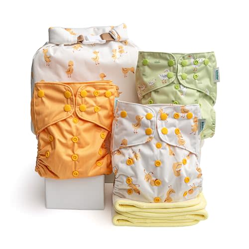 Kinder Cloth Diapers Reusable Baby Diapers Pocket Style Athletic Wicking Jersey, Bamboo Viscose Inserts, Wet Bag, Newborn to Potty Training 7-60lbs, One Size (Just Ducky, 3 Pack, with Inserts)