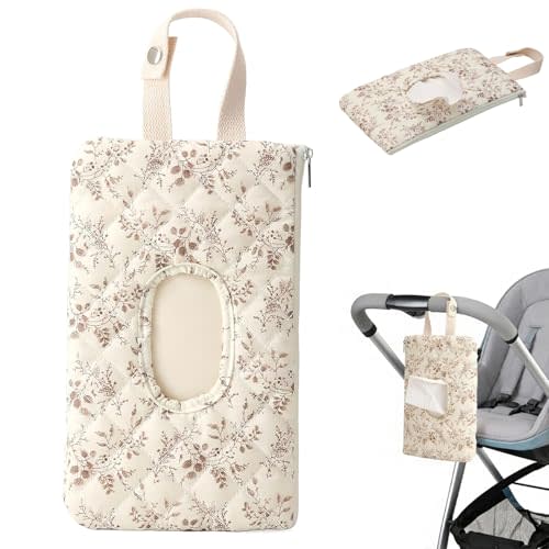 Baby Wipe Holder, Floral Quilted Dispenser Pouch Portable Mommy Bag for Travel Stroller Daily Casual (Beige)
