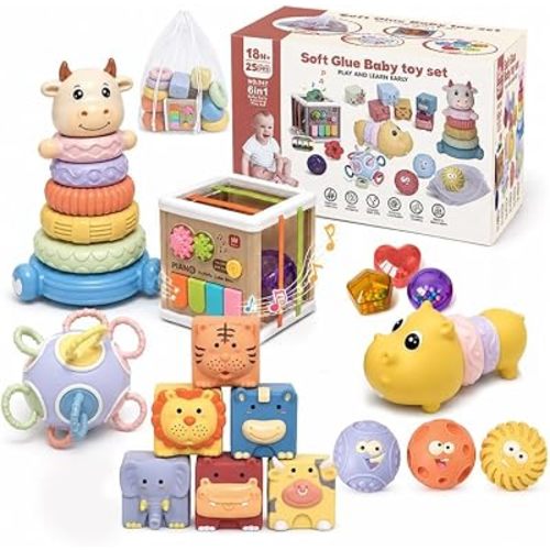 Montessori Sensory Baby Toy for Infant,Soft Building Blocks,Stacking Rings,Sensory Balls & Musical Activity Cube,Bath Toy & Teething Toy,Fine Motor Development Gift for Toddler Boys Girls