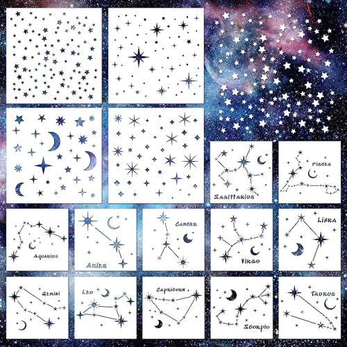 Keluna Star Stencils for Wall Decor - 16 Pcs Reusable Star Moon Zodiac Constellation Stencils for Wood, Canvas, Furniture