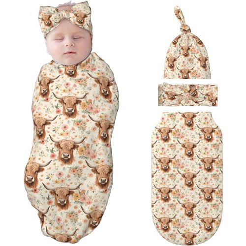 Cow Swaddle Blankets Newborn Receiving Blanket Baby Swaddle Wrap with Headband Hat Set for Baby Girls Boys