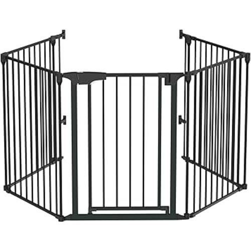 Bonnlo 134 Inches Wide Configurable Baby Gate, Fireplace Safety Fence/Guard, Adjustable 5-Panel Metal Play Yard for Toddler/Pet/Dog, Christmas Tree Fence, Includes 4 Pack of Wall Mounts, Black