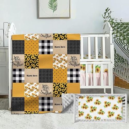 Personalized Crib Bedding Set for Boys Girls, Custom Baby Sets with Name, Sunflower Theme Nursery Bedding, 2 Piece Sets, Plaid Neutral Comforter, Fitted Sheet Babies