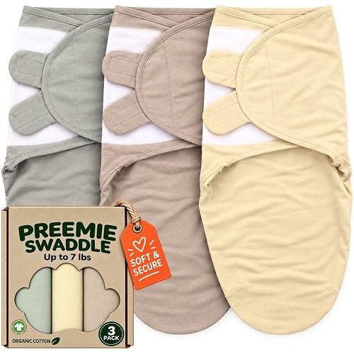 Preemie Swaddle Blanket 3-Pack, GOTS Certified Organic Cotton, Adjustable Hook-and-Loop Swaddle Sack for NICU & Newborn Babies, Soft Breathable Wrap, Reduces Startle Reflex, Up to 7 lbs