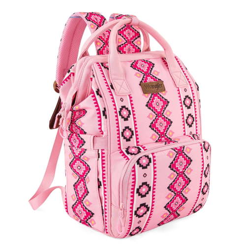 Wrangler Aztec Travel Backpack Baby Bag for Women with Stroller Strap and Side Bottle Pockets Organized Diaper Bag, Pink