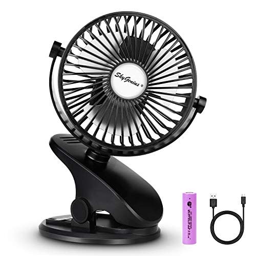 SkyGenius Battery Operated Stroller Fan, Rechargeable USB Powered Mini Clip on Desk Fan