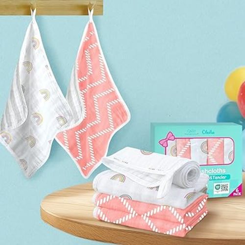 VOOVA & MOVAS 6 Pack 100% Muslin Cotton Baby Washcloths with Handing Loop | 13x13 Inches | Highly Absorbent | Ultra-Soft Newborn Burp Cloths | Perfect Set |Pink Geometry & Rainbow Patten