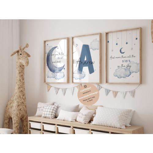 Moon Stars cloud Nursery, Nursery wall art print, Boy nursery decor, Personalized name nursery, baby boy nursery room decor, blue nursery