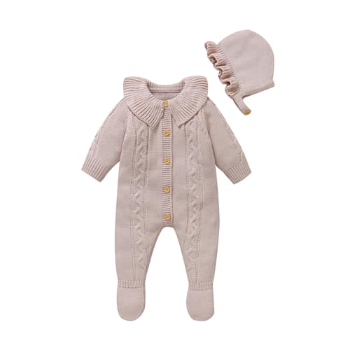 Hadetoto Newborn Baby Sweater Romper Knit Outfits Long Sleeve Jumpsuit with Warm Hat for Infant Boy Girl