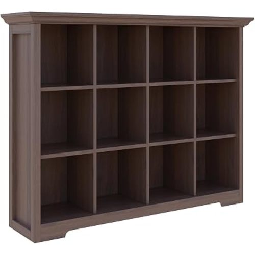 12-Cube Open Bookcase with Base, 3-Tier Wooden Bookshelf, Walnut