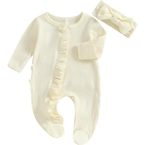 aporake Newborn Girl Clothes Baby Girl Coming Home Outfit Zipper One-piece Outfits Ruffle Footie Bodysuit Jumpsuit Headband