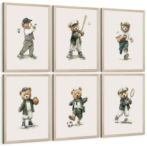 Teddy Bear Nursery Wall Art Sage Green Baby Boy Canvas Wall Decor Vintage Sports Nursery Prints Teddy Bear Pictures Golf Painting Kids Sports Artwork for Toddler Bedroom 8x10 Inch Framed Set of 6