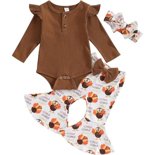 Kuriozud Newborn Baby Girl Bell Bottom Outfit Ruffle Romper Cute Bow Flare Pants Set Headband Cute Clothes