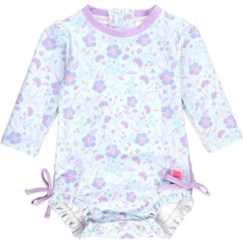 RuffleButts Baby Girls UPF 50+ Sun Protection Floral Printed Long Sleeve One Piece Rash Guard Swimsuit with Zipper