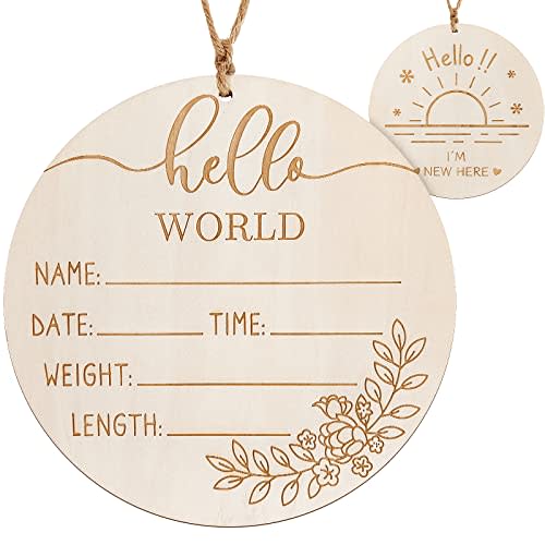 ZIEYOMI-Baby Announcement Sign, Wooden Hello World Newborn Baby Name Sign Birth Announcement Board Plaque for Hospital Nursery Photo Prop Ba-by Shower