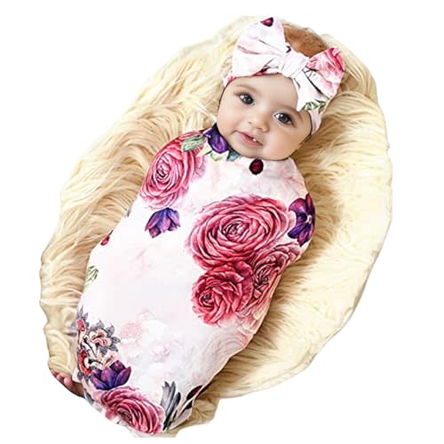 Galabloomer Newborn Receiving Blanket Headband Set Baby Flower Rose Swaddle with Big Bow (Nostalgia Rose)