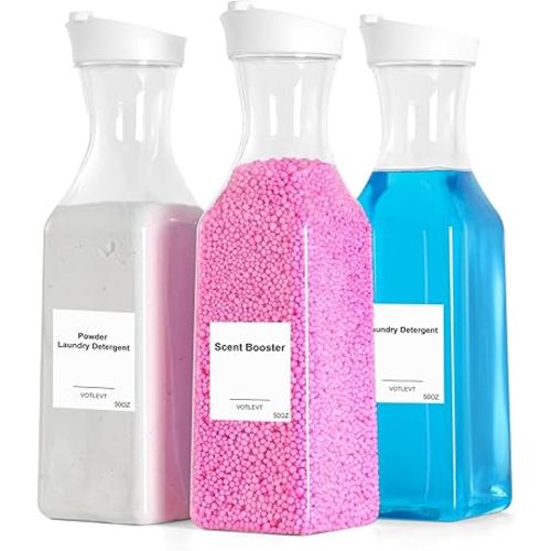 50 OZ Liquid Laundry Detergent Dispenser, Plastic Laundry Detergent Container for Organizing, Fabric Softener and Laundry Soap Dispenser, Laundry Powder Organizer for Laundry Room, 3 Pack