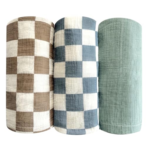3 Pack Ultra Soft Checkered Muslin Swaddle Blankets 38"x40" Cotton Newborn Muslin Receiving Blankets for Baby Boys Infant Essentials Blanket for Stroller Crib Tummy Time Coffee Blue