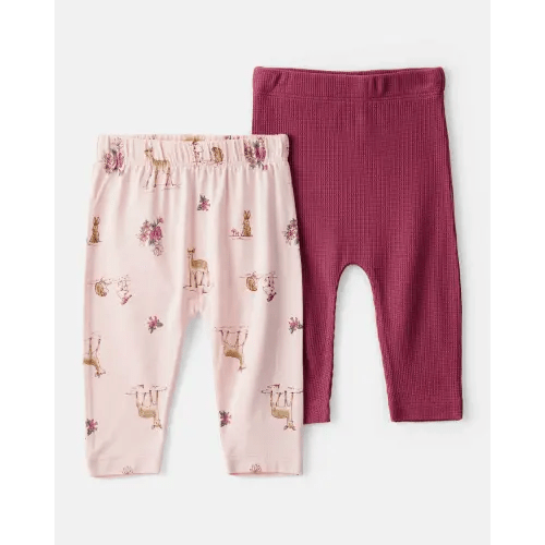Baby Girl 2-Pack Deer & Floral Print PurelySoft Pull-On Pants - Burgundy/Pink | Carter's