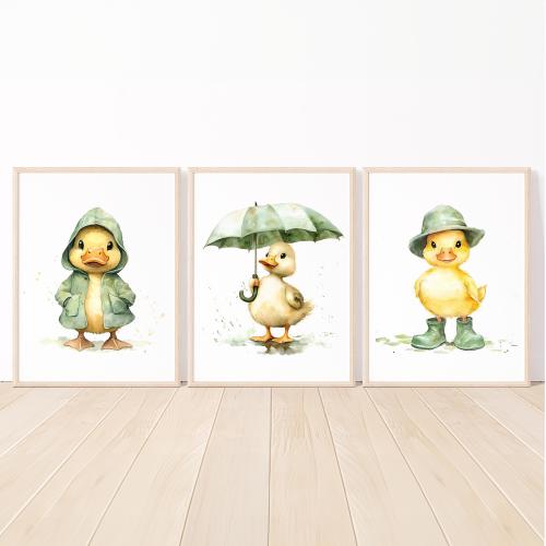 Duck Nursery Wall Artwork Printable Yellow Green Girl Boy Bedroom Decor Gender Neutral Poster Kids set of 3 digital child pictures canvas