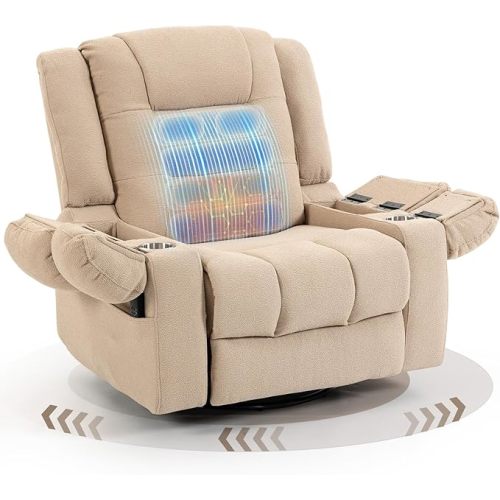 SINCRUMI Power Recliner Chair with Airbags Massage & Heat, Swivel Glider Rocking Chair with USB and Type C Port Charger, Armrest Storage, Cup Holder for Living Room, Nursery, Light Camel