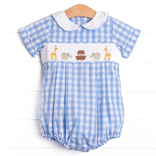 Noah's Ark Smocked Collared Bubble, Blue – Stitchy Fish