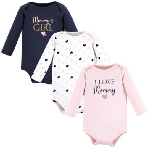 Hudson Baby Infant Girl Cotton Long-Sleeve Bodysuits, Girl Mommy Pink Navy 3-Pack, 3-6 Months