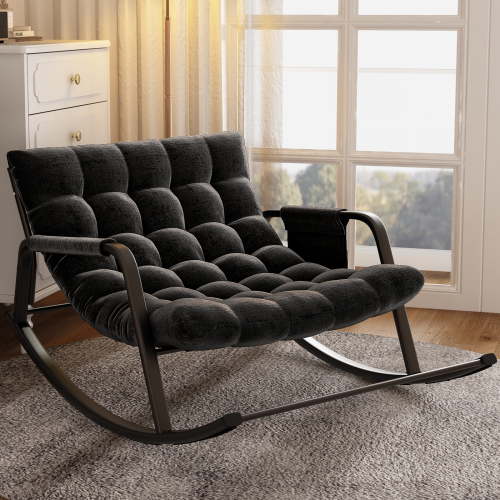 Homezeer Indoor Rocking Chair, Oversize Papasan Recliner, Steel Frame, Black with Cushion