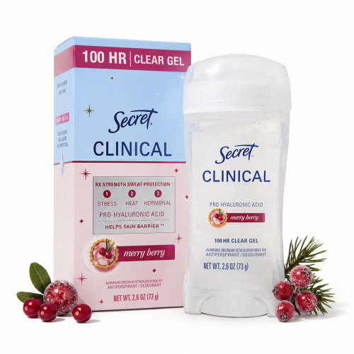 Secret 100HR Holiday Clinical Antiperspirant Deodorant for Women, Pro-Hyaluronic Acid, Clear Gel, Merry Berry, 2.6 oz