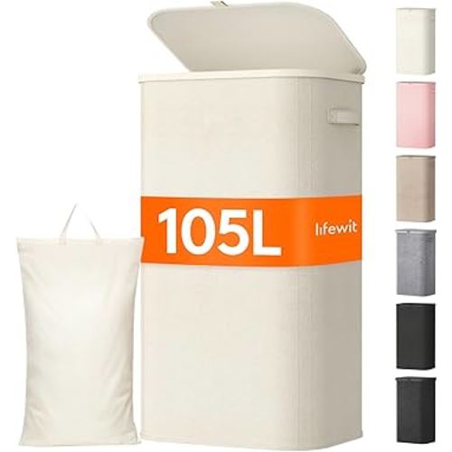 Lifewit 105L Large Laundry Basket with Lid, Laundry Hamper with Plastic Handles and Removable Bag, Foldable Tall Dirty Clothes Hampers for Laundry for Laundry Room, Bedroom, Bathroom, Dorm, White