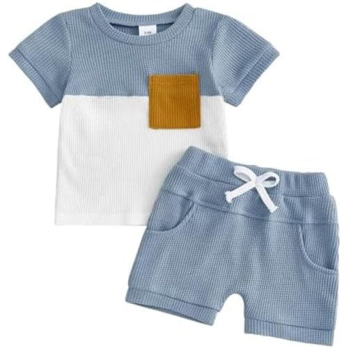 Toddler Baby Boy Summer Clothes Waffle Contrast Short Sleeve T-shirts Top Solid Shorts 2Pcs Outfit 6 12 18 24 Month