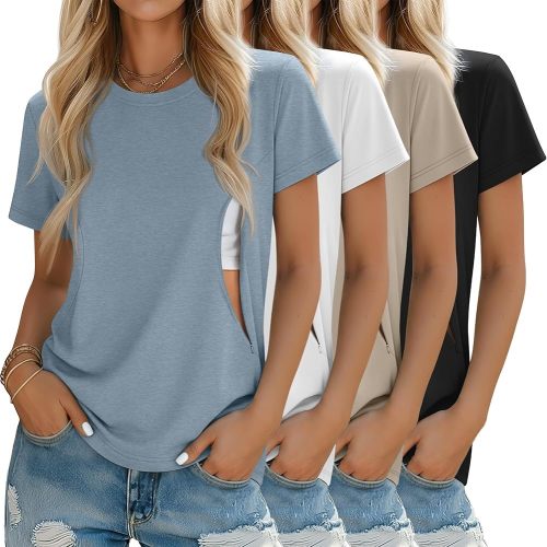 4 Pack Women's Nursing Breastfeeding Shirts with Zipper Loose Fit Short Sleeve Maternity Top Nursing Clothes