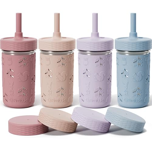 Fimibuke Toddler Cups Spill Proof, 12 OZ Sippy Cups for Kid Girl Boy, Stainless Steel Tumbler with Lid, Removable Silicone Straw & Sleeve, BPA Free Dishwasher Safe Water Bottle Snack Container 4 Pack