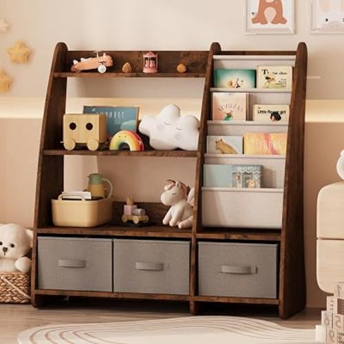 NACHES Kids Bookshelf and Toy Storage Organizer, Montessori Nursery Book Shelves with Sling Rack & Fabric Toy Bins, Toddler Baby Bookcase, Wooden Toy Shelf for Kids Room, Playroom, Sail-Rustic Brown