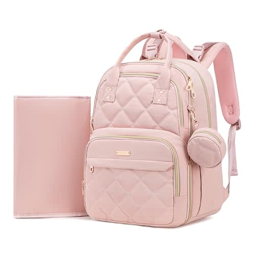 Diaper Bag Backpack, Large 26L Baby Bag with Portable Changing Pad & Pacifier Case, Waterproof Quilted Maternity Backpack for Mom and Dad, Travel Essentials with Insulated Pockets, Pink