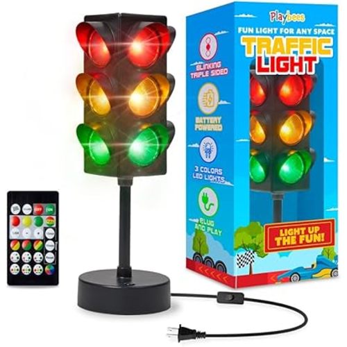 Playbees Mini Traffic Light Lamp with Base 11 inches Vibrant Decoration Working with Batteries or USB-C Traffic Light Blinking Modes Decoration for Bedrooms Stop Sign Room Decor