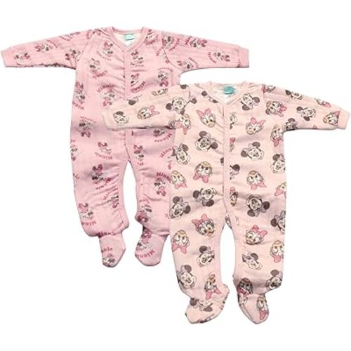 Magic Threadz Disney Clothes Baby Girls 2-Pack Quilted Footie Coveralls - Minnie Mouse and Princess Bodysuits (0/3M-6/9M)