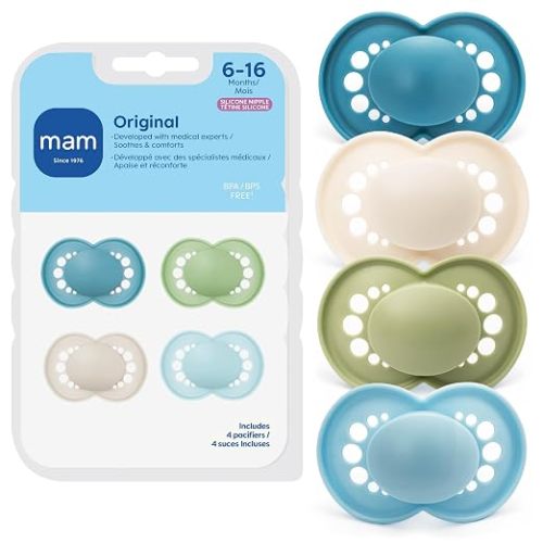 MAM Original Baby Pacifier 6-16 Mths, Skin Soft Silicone Nipple, 4 Pack | BPA-Free Skin Soft Silicone Nipple, Developed With Medical Experts, Easy Clean, Made In Europe
