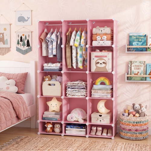 Costway 13-Cube Modular Baby Wardrobe Closet with Hanging Rods & Open Shelves for Clothes Pink