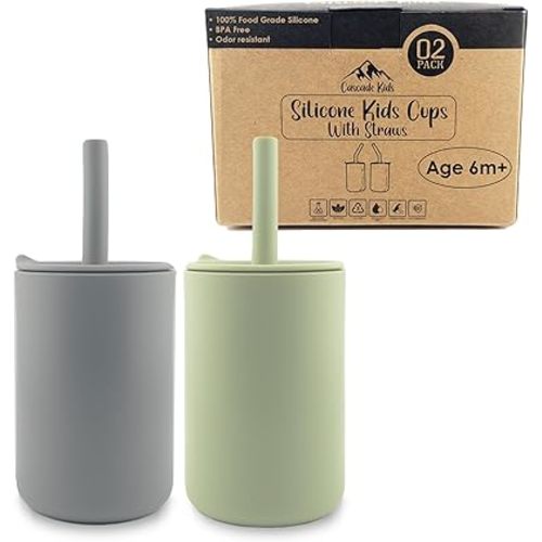 Silicone Toddler Smoothie Cups with Straw, Unbreakable Training Cup with Straw for Babies and Toddlers for less mess, BPA-Free Silicone Baby cup, 6+ Month, 6oz, 4 pack Green/Grey