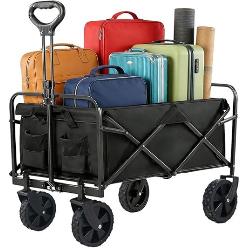 Foldable Wagon Cart, Large Capacity Outdoor Wagon with Cup Holders & 360° Swivel Wheels, for Camping, Garden, Beach, Shopping, Outdoor Activities, for Women