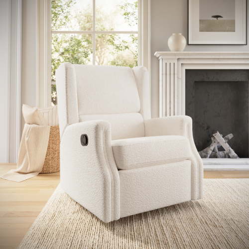 Emma + Oliver Manual Glider Rocker Recliner Chair with 360 Degree Swivel, Wingback Recliner Perfect for Living Room, Bedroom, or Nursery in Off-White Boucle