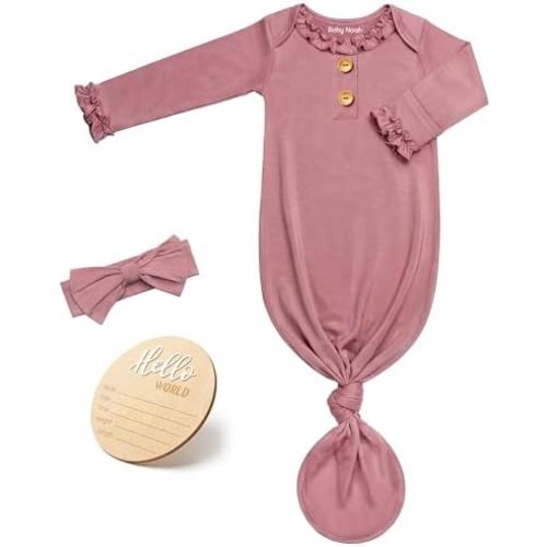 Newborn Knotted Gown for Baby Girls with Ruffle Neck, Infant Sleepers Buttons Gown with Bow Headband & Announcement Sign