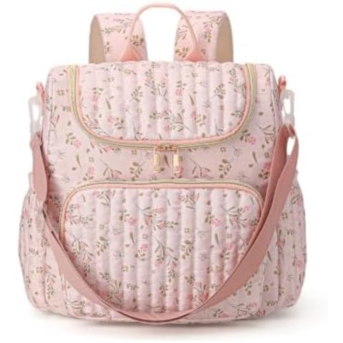 Quilted Diaper Bag Backpack Large Floral Puffy Backpack Multi-compartment Baby Storage Backpack for Travel Hospital