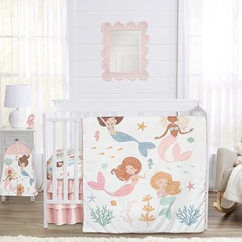 Sweet Jojo Designs Ocean Mermaids Girl Baby Crib Bedding Set Nursery Room Blanket Fitted Sheet Skirt Diaper Stacker 4p Pink Teal Under The Sea Underwater Theme Fairytale Fish Colorful Coral Reef Blue